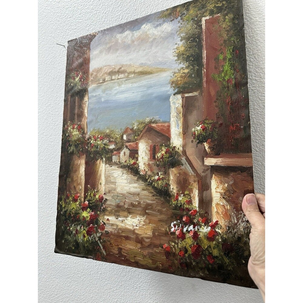 Original Oil Canvas On Board Tuscan Italy Village Painting Signed